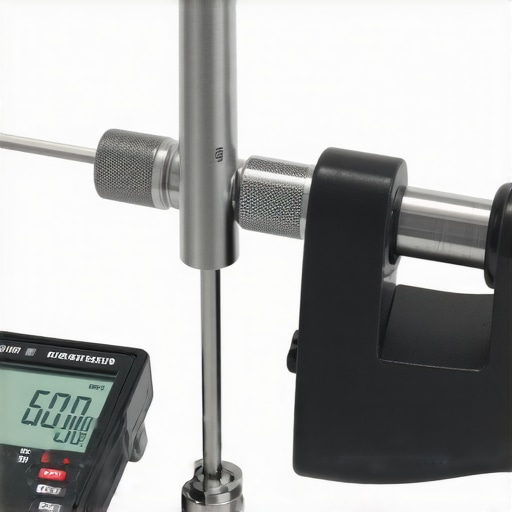 Close-up of burr calibration tools and digital micrometer adjusting a coffee grinder, macro shot