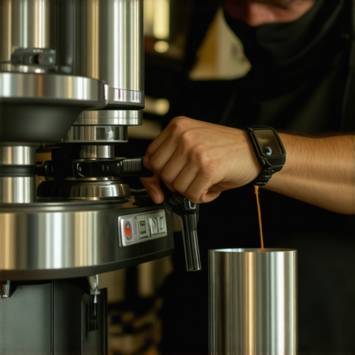 Professional barista adjusting a high-precision espresso grinder in a coffee shop