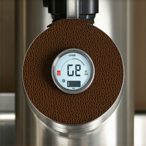 Close-up of a conical burr grinder showing digital calibration display and finely machined burrs