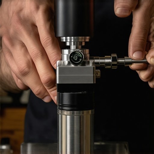 Close-up of a person calibrating a coffee burr grinder with tools for consistency