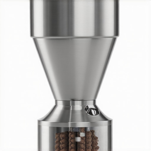 Close-up of a stainless steel conical burr grinder highlighting its engineering design