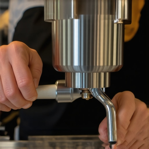 Barista fine-tuning an espresso grinder to achieve uniform grind size.
