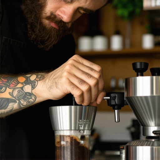 Barista fine-tuning a coffee grinder with precision tools