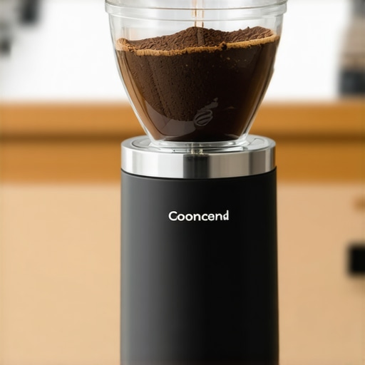Close-up of a burr grinder dispensing fresh coffee grounds