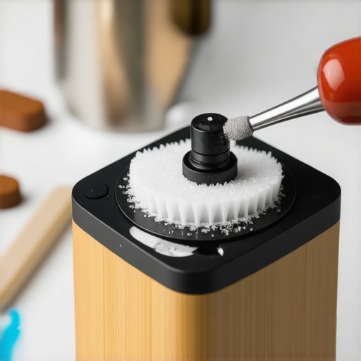 A person cleaning a coffee grinder with a brush and cleaning tablets, showing detailed maintenance process