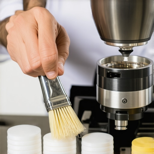 A barista cleaning a coffee grinder with brushes and tablets for optimal maintenance.