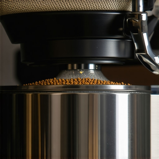 Close-up of a flat burr grinder showing detailed adjustment settings