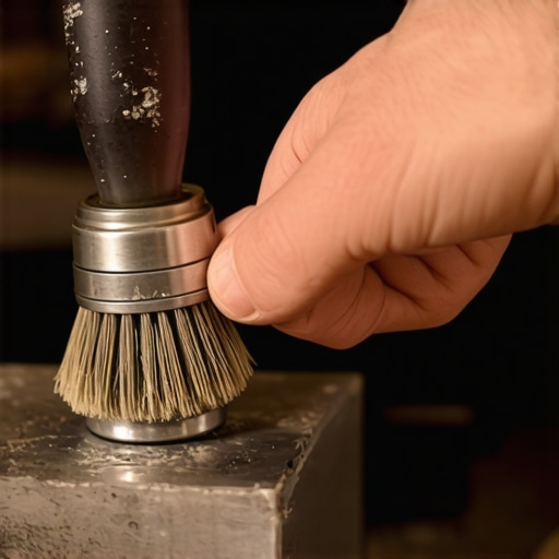Barista cleaning burr grinder with brush in a coffee shop.