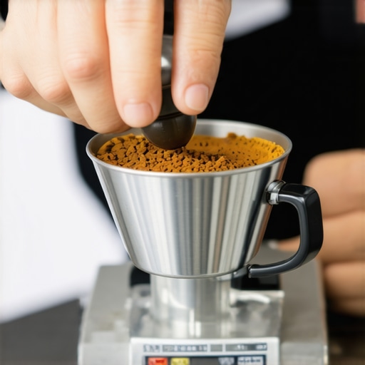 Barista tamping coffee grounds evenly into portafilter with calibrated tamper and scale