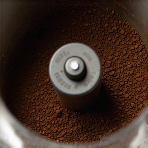 Close-up of a burr grinder with freshly ground coffee for espresso