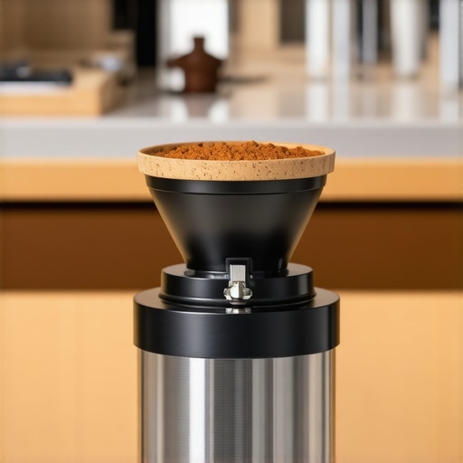 Close-up of a high-quality burr coffee grinder showing the calibrated burrs in a kitchen environment.