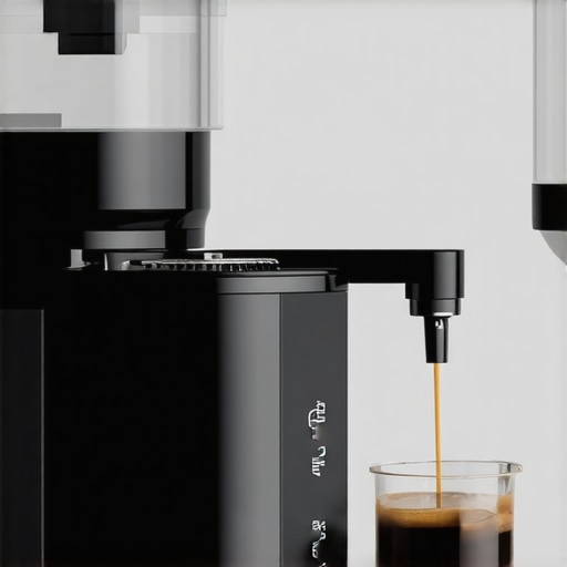 Close-up of a modern burr coffee grinder dispensing ground coffee