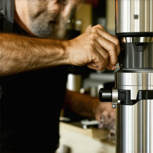 Barista fine-tuning a coffee grinder with precise adjustments to ensure uniform grounds.