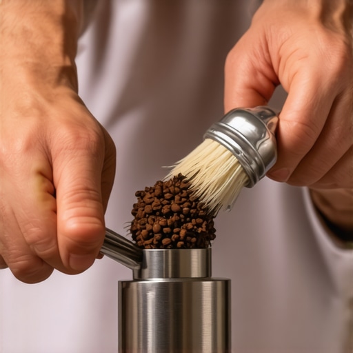 Close-up of a barista cleaning a coffee grinder's burrs with a brush, emphasizing maintenance detail.