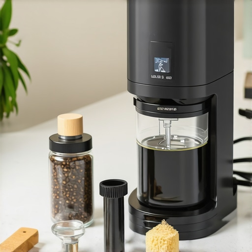 A professional-grade burr grinder with cleaning tools and a digital scale for precise coffee grinding.