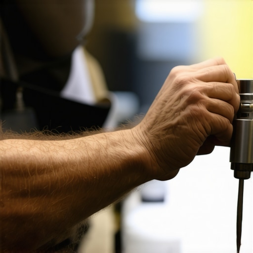 A barista cleaning a commercial espresso grinder using a brush and cleaning tablet.