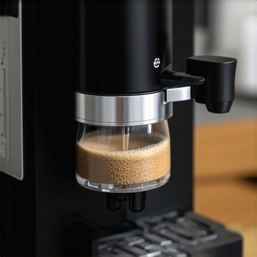 Close-up of a precise single-dose espresso burr grinder in a coffee lab setting emphasizing static reduction features.