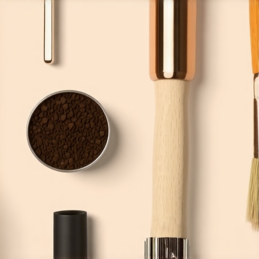 A detailed shot of precision calibration gauges, anti-static brushes, and cleaning supplies for an espresso grinder