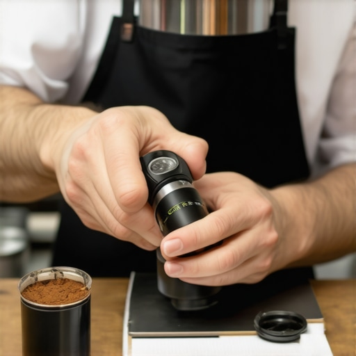 A barista adjusting the burrs of an espresso coffee grinder using calibration tools for consistent grind size.