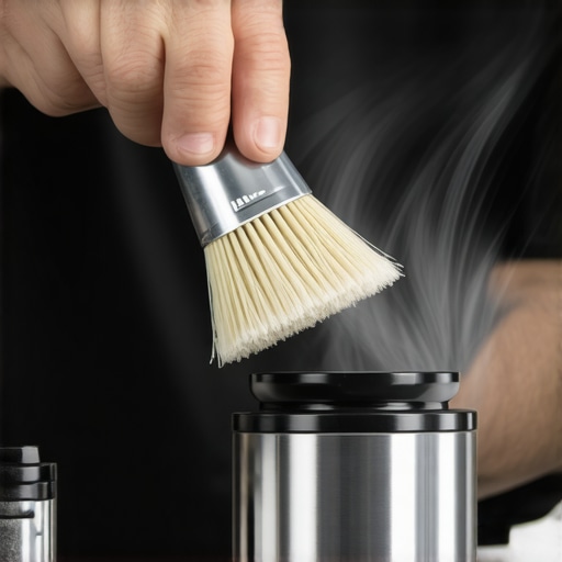 Barista using a brush to clean a burr grinder, illustrating static reduction techniques.