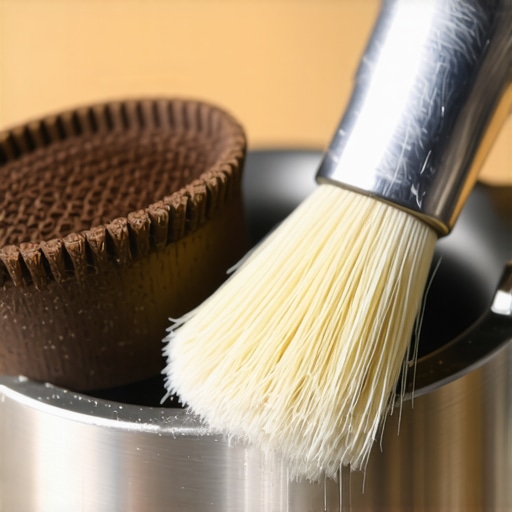 Close-up of a burr cleaning brush cleaning the burr set of a coffee grinder.