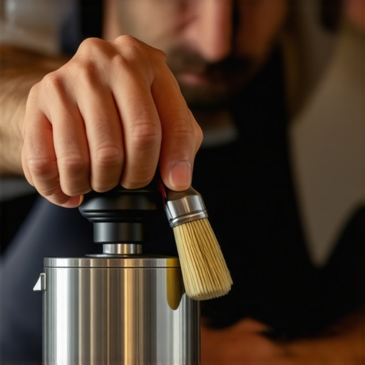 A barista using a brush to clean the burrs of a coffee grinder, highlighting maintenance practices.
