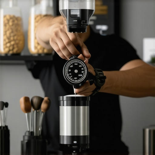 A barista measuring burr alignment with a digital gauge during grinder maintenance.