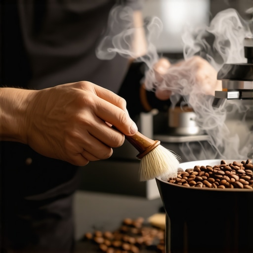 A barista cleaning a coffee grinder using specialized brushes and tools with coffee beans nearby.
