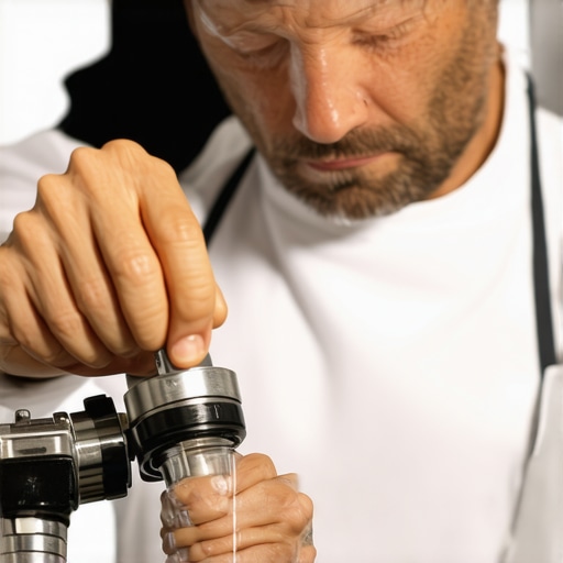A barista adjusts a coffee burr grinder's burrs with precision tools, emphasizing accurate calibration for uniform grounds.