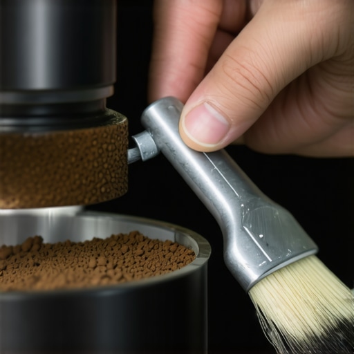 Person cleaning burrs of a coffee grinder with a brush for optimal performance.
