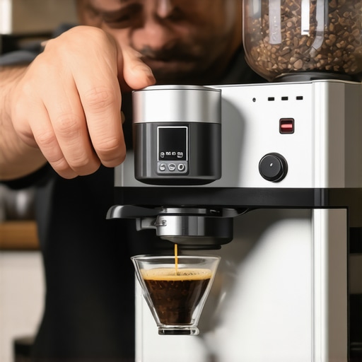 Professional barista calibrating a burr grinder with digital tools to ensure accuracy and consistency.