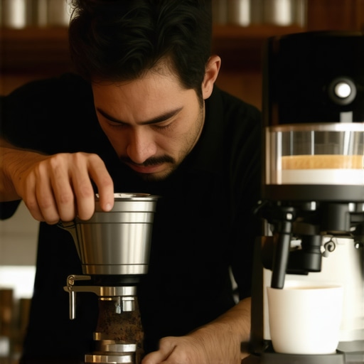 Barista adjusting a flat burr coffee grinder with precise tools in a cafe setting.