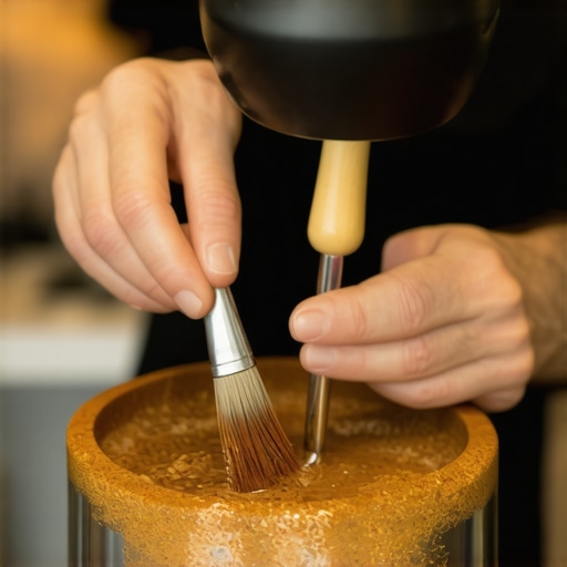Professional grinder maintenance tools in use Barista performing routine maintenance on a commercial espresso grinder with cleaning brushes and calibration tools.